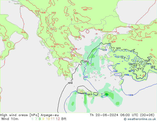 High wind areas Arpege-eu Th 20.06.2024 06 UTC