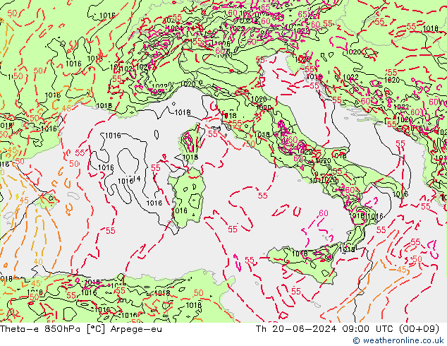 Theta-e 850hPa Arpege-eu gio 20.06.2024 09 UTC