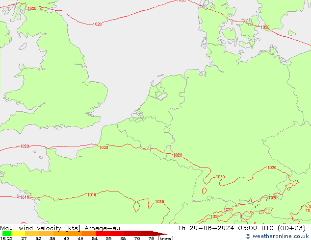 Max. wind velocity Arpege-eu 星期四 20.06.2024 03 UTC