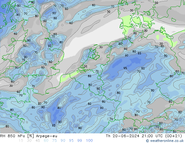 RH 850 hPa Arpege-eu 星期四 20.06.2024 21 UTC