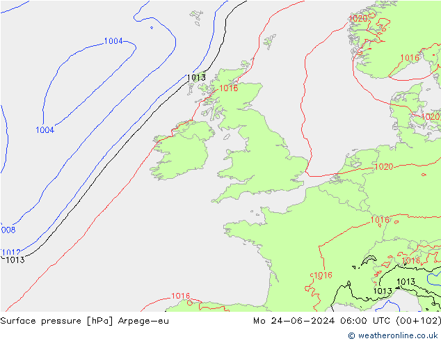 Atmosférický tlak Arpege-eu Po 24.06.2024 06 UTC
