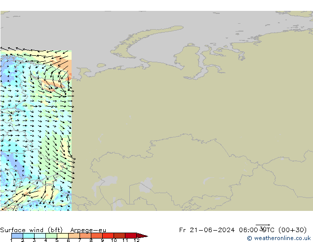 Vent 10 m (bft) Arpege-eu ven 21.06.2024 06 UTC