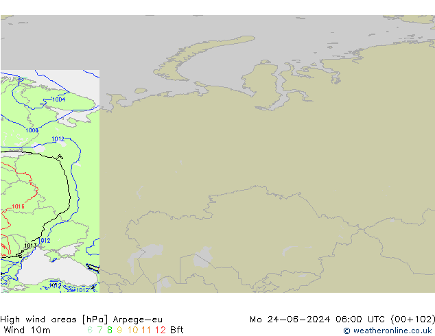 High wind areas Arpege-eu  24.06.2024 06 UTC