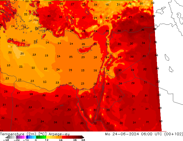 Temperatura (2m) Arpege-eu Seg 24.06.2024 06 UTC