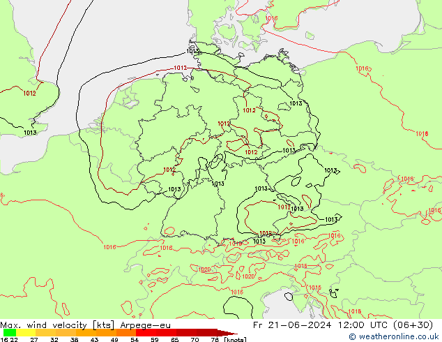 Max. wind velocity Arpege-eu пт 21.06.2024 12 UTC