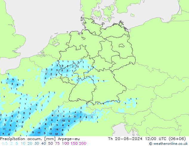 Totale neerslag Arpege-eu do 20.06.2024 12 UTC