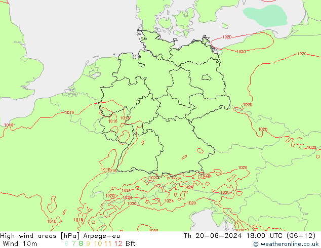High wind areas Arpege-eu Čt 20.06.2024 18 UTC