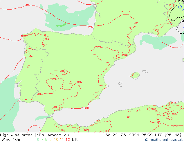Windvelden Arpege-eu za 22.06.2024 06 UTC