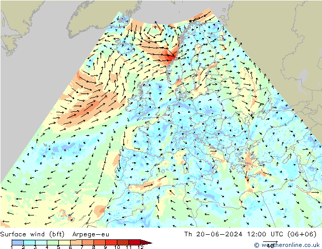 Surface wind (bft) Arpege-eu Čt 20.06.2024 12 UTC
