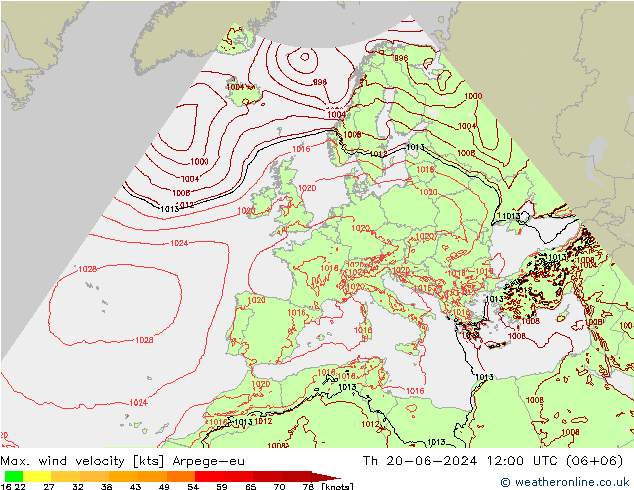 Max. wind velocity Arpege-eu jue 20.06.2024 12 UTC
