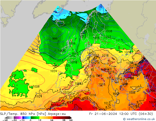 SLP/Temp. 850 hPa Arpege-eu Fr 21.06.2024 12 UTC