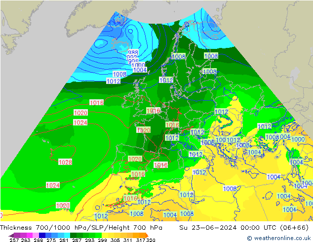 Thck 700-1000 hPa Arpege-eu Dom 23.06.2024 00 UTC