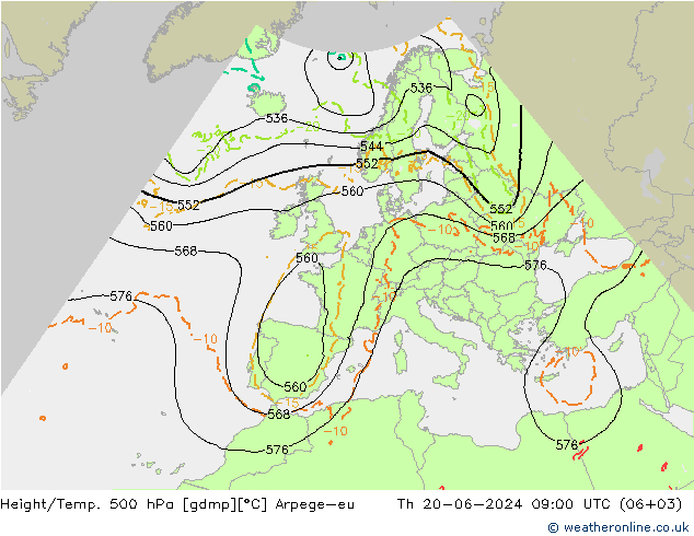 Height/Temp. 500 hPa Arpege-eu 星期四 20.06.2024 09 UTC