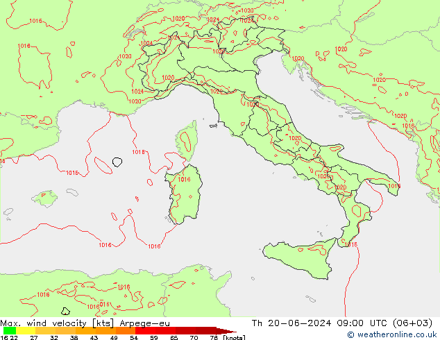 Max. wind velocity Arpege-eu чт 20.06.2024 09 UTC