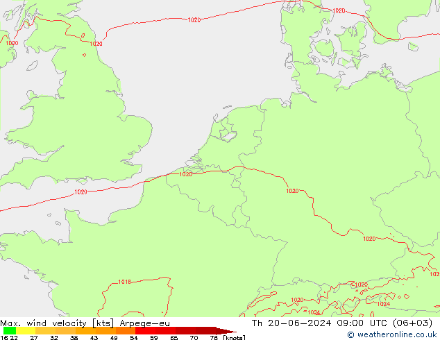 Max. wind velocity Arpege-eu jue 20.06.2024 09 UTC