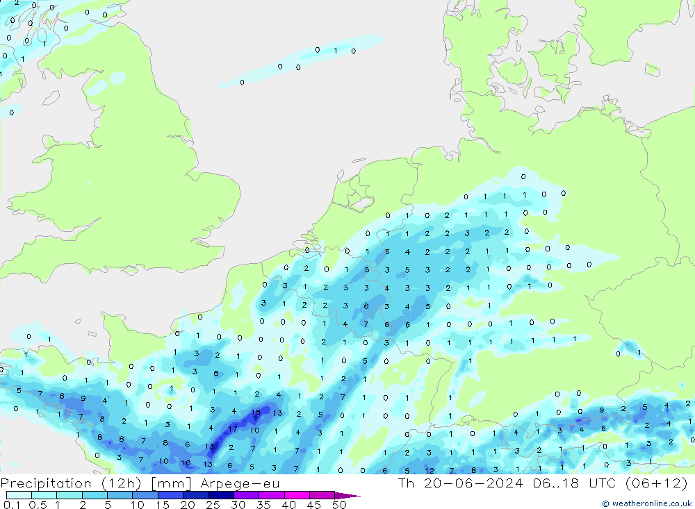 осадки (12h) Arpege-eu чт 20.06.2024 18 UTC