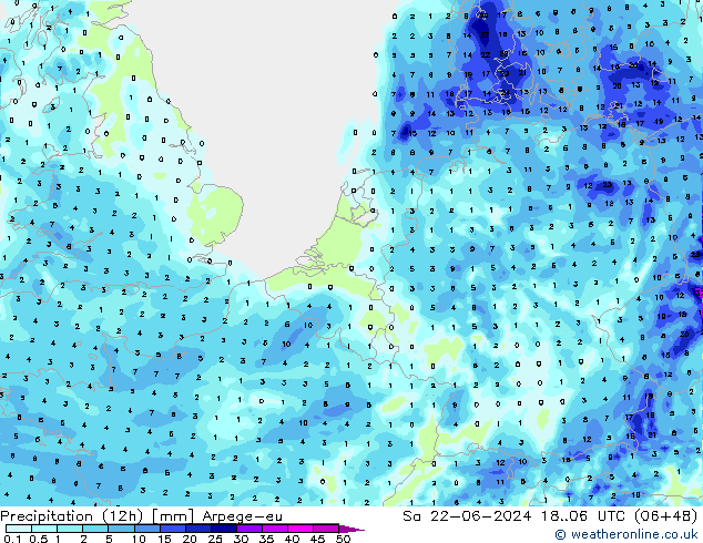 降水量 (12h) Arpege-eu 星期六 22.06.2024 06 UTC