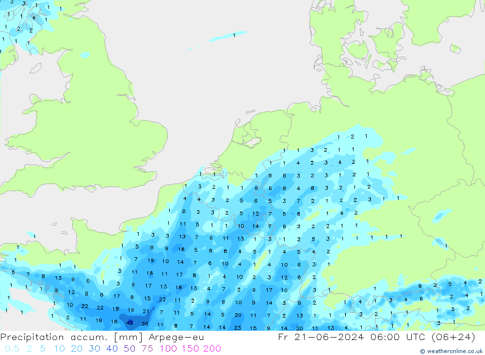 Precipitation accum. Arpege-eu ven 21.06.2024 06 UTC