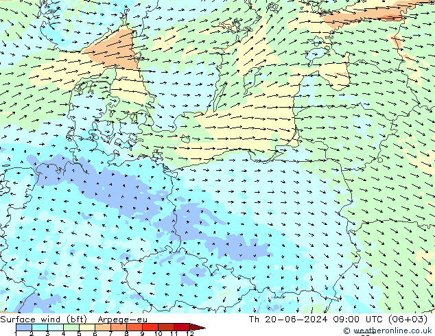 wiatr 10 m (bft) Arpege-eu czw. 20.06.2024 09 UTC