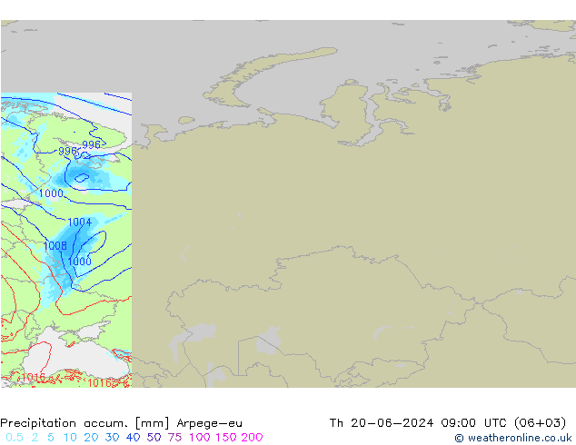 Totale neerslag Arpege-eu do 20.06.2024 09 UTC