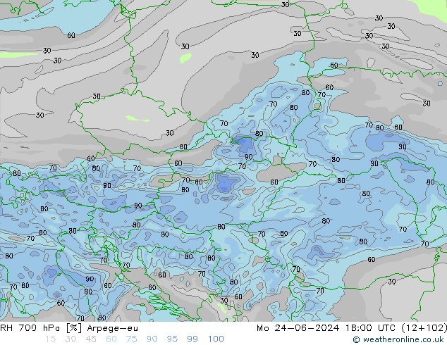 RH 700 hPa Arpege-eu Mo 24.06.2024 18 UTC