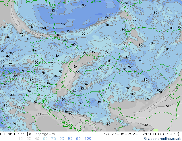 RH 850 hPa Arpege-eu Su 23.06.2024 12 UTC