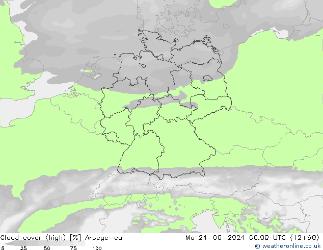 Cloud cover (high) Arpege-eu Mo 24.06.2024 06 UTC
