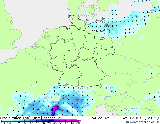 Precipitation (6h) Arpege-eu Su 23.06.2024 12 UTC