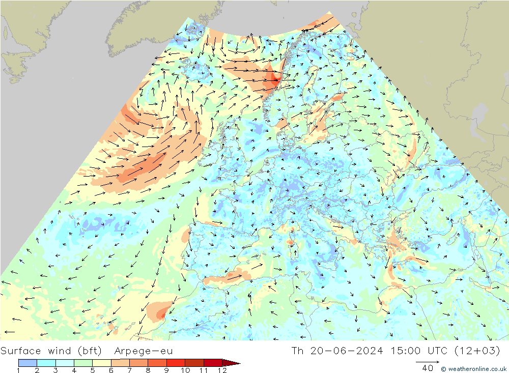 Surface wind (bft) Arpege-eu Čt 20.06.2024 15 UTC