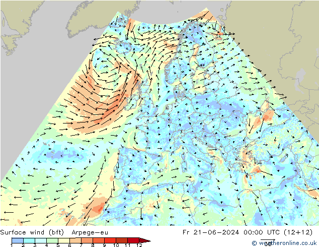 Surface wind (bft) Arpege-eu Fr 21.06.2024 00 UTC