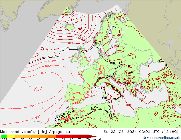 Max. wind velocity Arpege-eu Su 23.06.2024 00 UTC