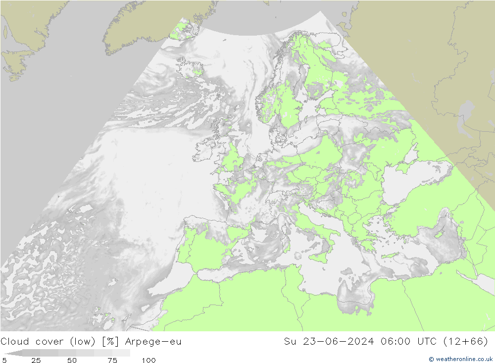 Cloud cover (low) Arpege-eu Su 23.06.2024 06 UTC