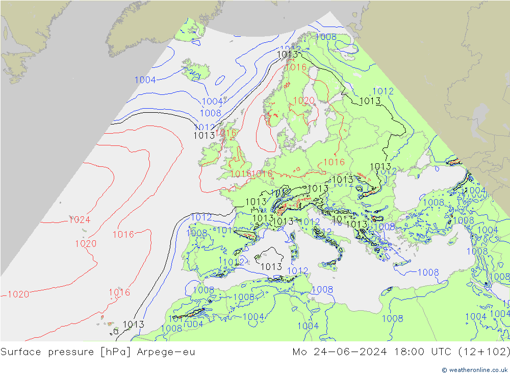 Surface pressure Arpege-eu Mo 24.06.2024 18 UTC