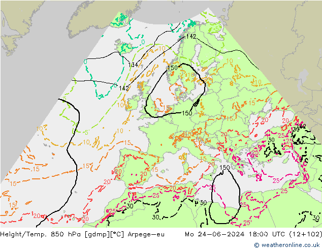 Hoogte/Temp. 850 hPa Arpege-eu ma 24.06.2024 18 UTC