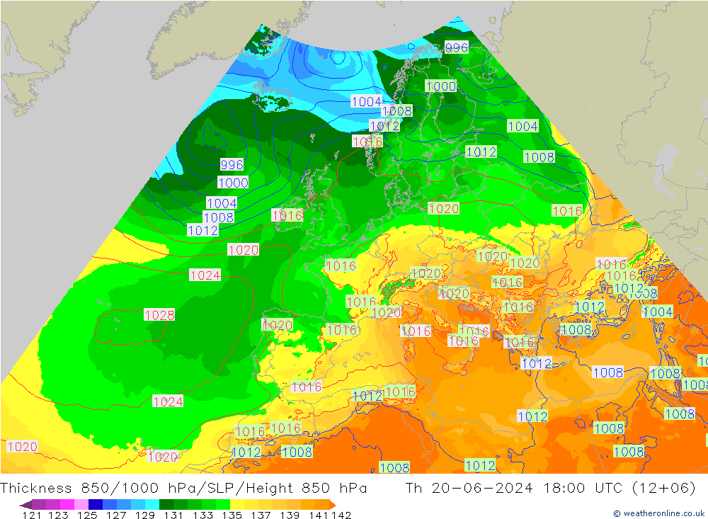 Espesor 850-1000 hPa Arpege-eu jue 20.06.2024 18 UTC