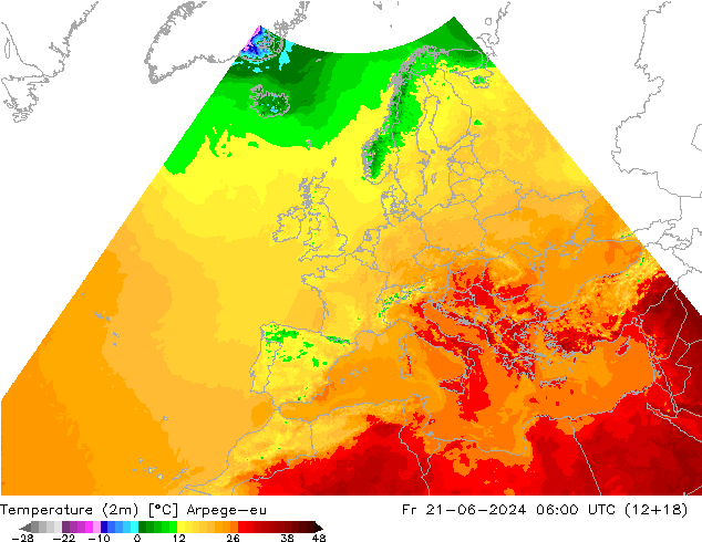 Temperatuurkaart (2m) Arpege-eu vr 21.06.2024 06 UTC
