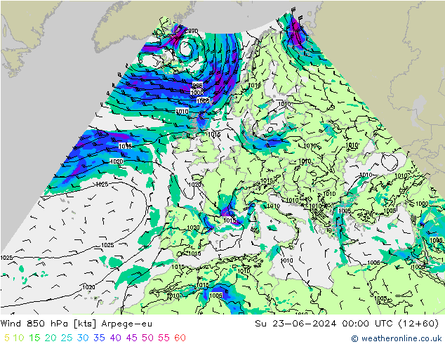Wind 850 hPa Arpege-eu zo 23.06.2024 00 UTC