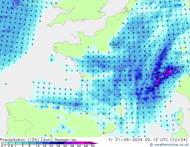 Totale neerslag (12h) Arpege-eu vr 21.06.2024 12 UTC