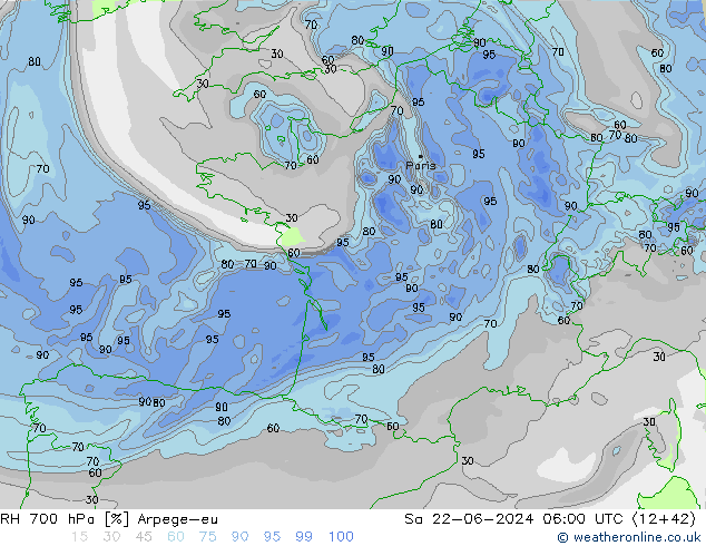 RH 700 hPa Arpege-eu Sáb 22.06.2024 06 UTC