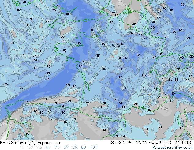 Humidité rel. 925 hPa Arpege-eu sam 22.06.2024 00 UTC