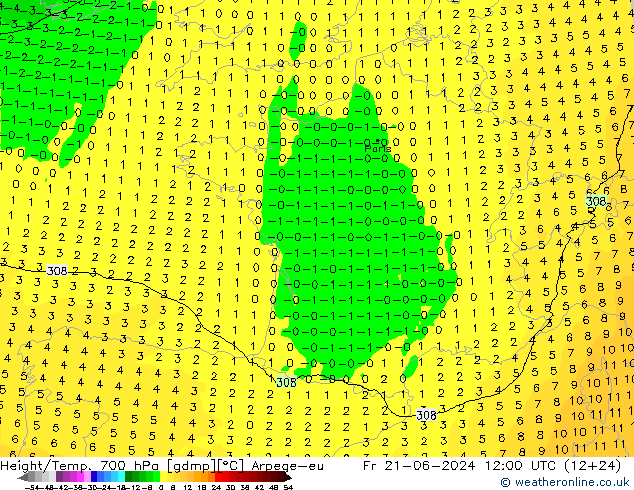 Height/Temp. 700 hPa Arpege-eu Fr 21.06.2024 12 UTC