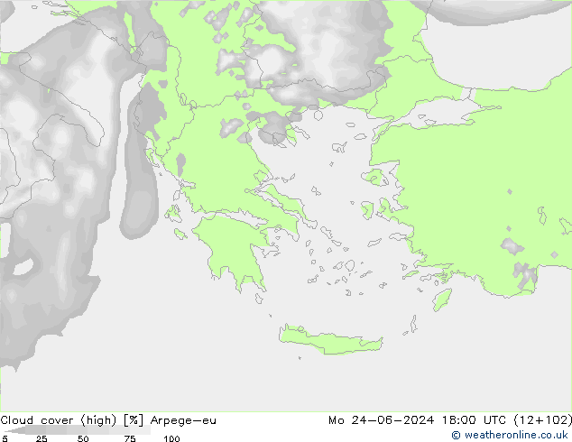 Cloud cover (high) Arpege-eu Mo 24.06.2024 18 UTC