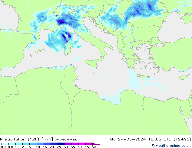 Precipitation (12h) Arpege-eu Mo 24.06.2024 06 UTC