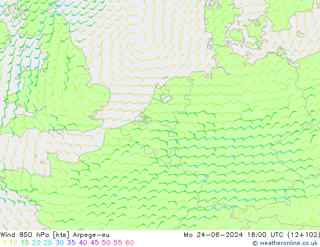Wind 850 hPa Arpege-eu ma 24.06.2024 18 UTC