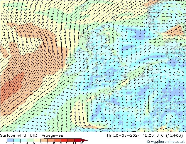 Surface wind (bft) Arpege-eu Th 20.06.2024 15 UTC