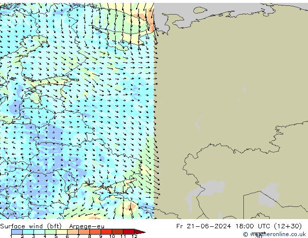 Surface wind (bft) Arpege-eu Fr 21.06.2024 18 UTC