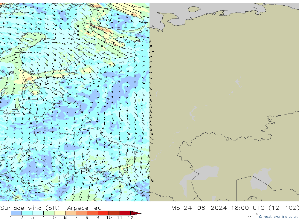 Surface wind (bft) Arpege-eu Mo 24.06.2024 18 UTC