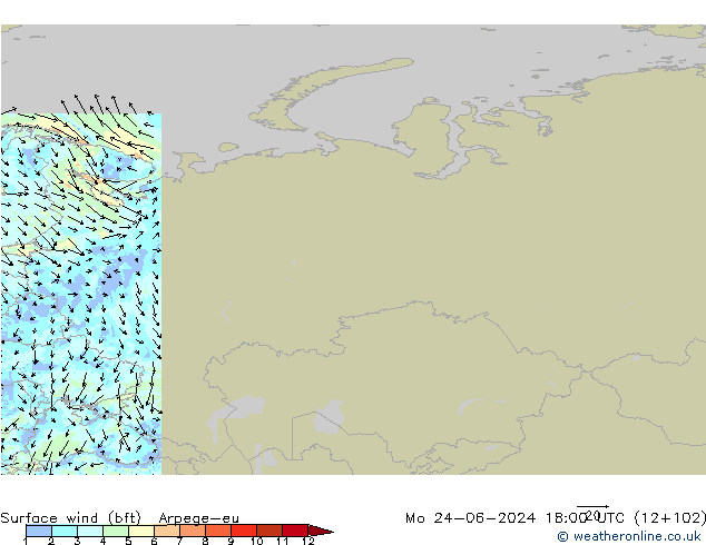 Wind 10 m (bft) Arpege-eu ma 24.06.2024 18 UTC