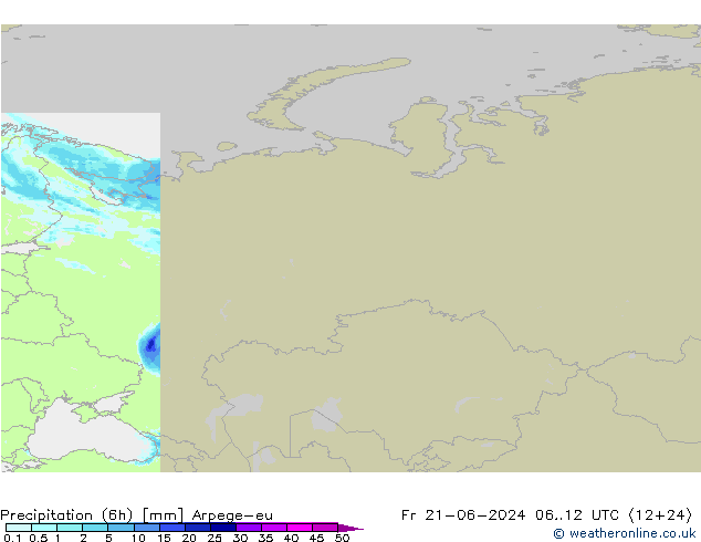 Totale neerslag (6h) Arpege-eu vr 21.06.2024 12 UTC