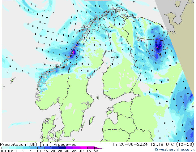 Precipitation (6h) Arpege-eu Th 20.06.2024 18 UTC